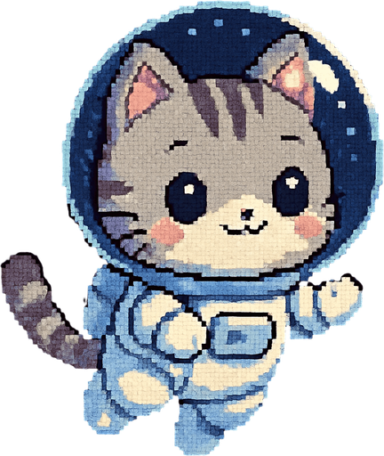 A cute chibi-style anime kitten, dressed in an astronaut suit and drifting through the universe, rendered in Pixel Art.