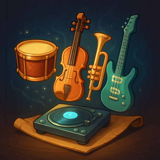 Design an icon for a button labeled "Towers" in a fantasy tower defense game set in a haunted concert hall. The icon should clearly represent access to a selection of instrument-based defense towers.

Use a stylized rack or display of musical instruments arranged like tower miniatures: a drum, violin, trumpet, electric guitar, and DJ deck. They should look magical and glowing slightly, as if floating or placed on a scroll or magical stand.

The icon should be square (256×256 px), clean and readable at small sizes.
Background should be subtle—wood, velvet, or magical mist—but not distracting.
The icon must not include text, only imagery.
Style: digital painted or semi-flat fantasy UI, fitting with a classical, magical orchestral theme..
In-Game asset.  2d.  High contrast.  No shadows