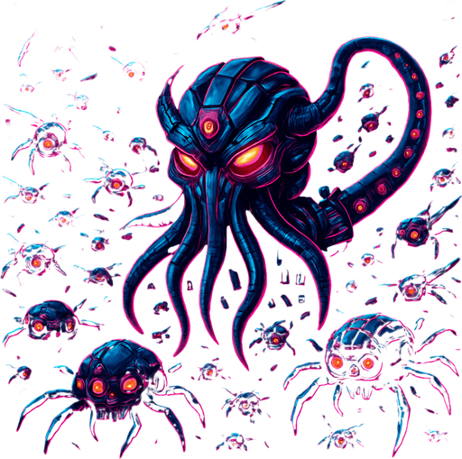 Cutout, swarm, neon cyberpunk glow horror corporate murder squid flying robot monsters