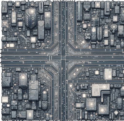 Cyberpunk city tile set. Top down view..
Single Game Texture.  2d.  Blank background.  High contrast.  No shadows