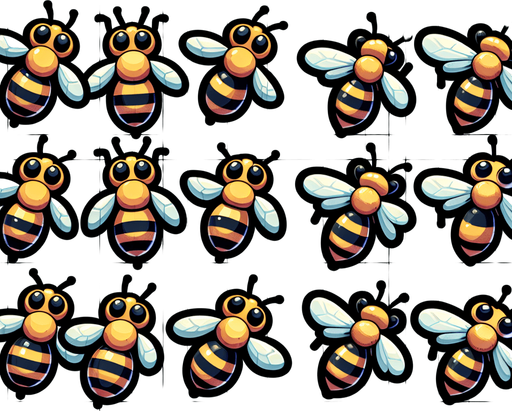 A sprite sheet of bees flying. Birds Eye view. No wings. Bold cartoon graphics. Looking down on bee
Single Game Texture. In-Game asset. 2d. Blank background. High contrast. No shadows.
