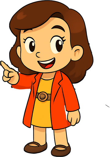 Make her point forward with her right hand and she has a happy look on her face