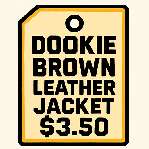 price tag that's says Dookie Brown Leather Jacket $3.50.
In-Game asset.  2d.  High contrast.  No shadows