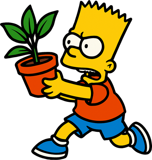 Bart holding a pot with a plant and is about to throw it.
In-Game asset.  2d.  High contrast.  No shadows