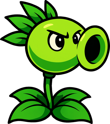 Una planta de color verde brillante, con un cuerpo principal esférico que se estrecha hacia adelante para formar una boca grande y redonda. De la parte posterior de su cabeza, brotan varias hojas puntiagudas. Tiene dos ojos grandes y redondos, con pupilas negras, y su expresión es decidida. Su tallo es delgado y verde, anclado en un grupo de hojas más grandes en la base..
In-Game asset.  High contrast.  No shadows