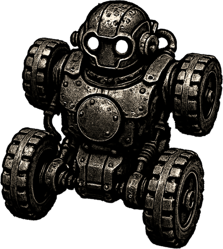 has un robot negro tipo auto steampunk con aspecto desgastado que se mueva con llantas y este en una vista desde arriba

In-Game asset.  2d.  High contrast.  No shadows