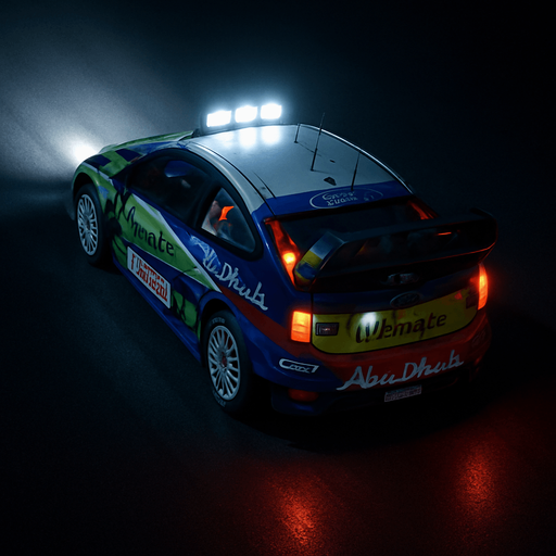 Photorealistic Ford Focus RS WRC 2008 Rallycar in nightlight, drone topview from back and 45 degrees angle in top right corner