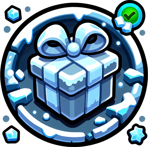 Icon for a froozen christmas present, on a circle, with the text „icy Surprise“ at top, cartoon Single Game Texture. In-Game asset. 2d. Blank background. High contrast. No shadows.