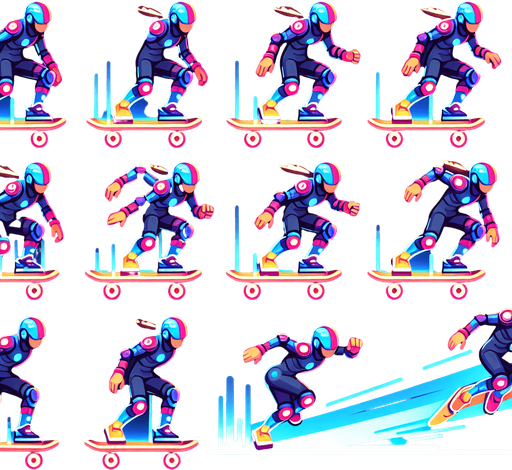 Animated skating sprite sheet (8 frames)

Jumping animation (3 frames)

Ideal size: 150x200 pixels

Theme: Futuristic athlete with skate board glowing accents. cartoonish with glowing colors
Single Game Texture.  In-Game asset.  2d.  Blank background.  High contrast.  No shadows