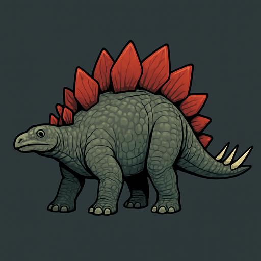 A large Stegosaurus dinosaur with a bulky body covered in grayish-green rough scaly skin. Its back is lined with two rows of large, reddish plates that gradually taper toward the tail. The tail ends with four long, sharp spikes (thagomizer) for defense. The small head has a beaked mouth and gentle eyes. The skin shows detailed scales and subtle wrinkles, giving it a lifelike prehistoric look..
In-Game asset.  2d.  High contrast.  No shadows