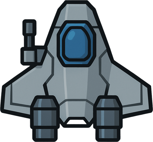 Design a basic 2D top-down spaceship with a compact, angular body and minimal detailing. The ship should have a small central cockpit, two modest rear thrusters, and one weapon mount. Colors are simple — grays and blues — suggesting a utilitarian design. It should look like a beginner’s ship: reliable but not advanced.
In-Game asset.  2d.  High contrast.  No shadows