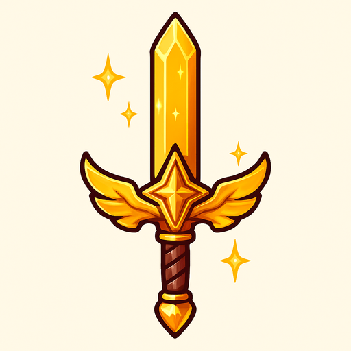 espada dorada brillante, que da un toque de guerrera mágica o heroína valiente..
In-Game asset.  2d.  High contrast.  No shadows