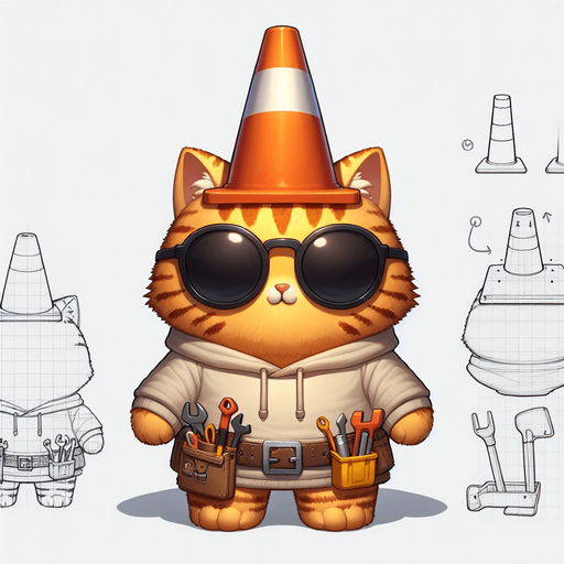 The character in the image is a cartoon-style, orange tabby cat with distinctive stripes. It sports a round face behind oversized, round circular, dark opaque sunglasses and has a notably small body compared to its head, enhancing its cute, chubby look. This cat is uniquely attired in a simple, light-colored hoodie with a drawstring, and atop its head sits a whimsical traffic cone, repurposed as a hat. Around its waist, a toolbelt is visible, equipped with various cartoon tools, suggesting a readiness for any construction task. Positioned with its paws in front, the cat maintains a relaxed posture, exuding a playful and whimsical vibe. This setup presents the cat not just as a casual mascot or a character in a children's book but as a creative introduction to the world of construction and imaginative play..
Single Game Texture. In-Game asset. 2d. Blank background. High contrast. No shadows.