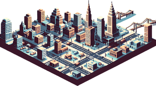 Retro cityscape, pixel art  1930s, sky view, aerial view
Single Game Texture. In-Game asset. 2d. Blank background. High contrast. No shadows.