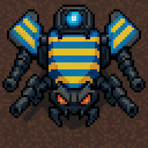 top down pixel art of an aggressive war drone with blue wasp stripes with a blue light on top.
In-Game asset.  2d.  High contrast.  No shadows