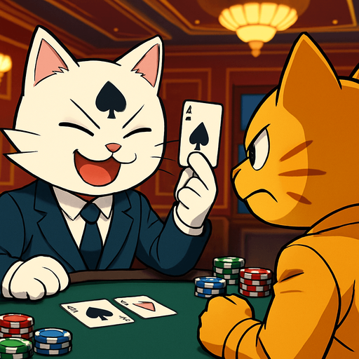 16:9 App Store banner with these two cats playing cards across the table from each other.  View is over the left shoulder of the orange cat towards the white cat, who is holding a card in the air with two fingers and looking triumphant. Poker chips are scattered across the table.