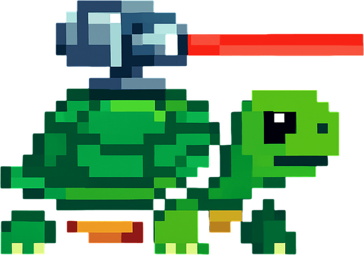 a turtle with a laser on her shell, pixel art.
In-Game asset.  2d.  High contrast.  No shadows