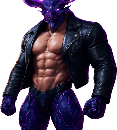 Black leather biker jacket longsleeves shirtless muscles pecs abs hunky demon cyborg robot mecha cyberpunk neon manga futuristic monster stud beefcake