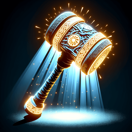 A glowing, ornate hammer imbued with power, or a weapon silhouette undergoing a visible transformation with radiating light and complex runic patterns..
Single Game Texture.  In-Game asset.  2d.  Blank background.  High contrast.  No shadows