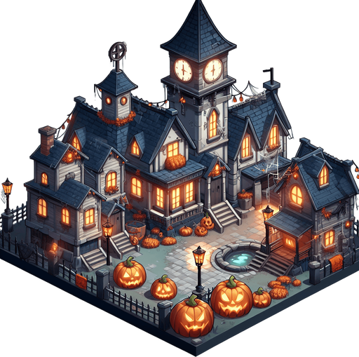 Town of Halloween.
Single Game Texture. In-Game asset. 2d. Blank background. High contrast. No shadows.