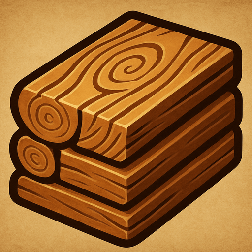 Crea un icono de madera que represente el recurso de construcción y mejora. Debe ser una pila de troncos cortados o un fajo de tablones de madera, vistos directamente desde arriba. La superficie superior debe mostrar la textura de la madera (anillos de crecimiento, vetas) y un sombreado que dé volumen a la pila..
In-Game asset.  2d.  High contrast.  No shadows