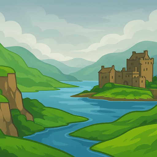 A 2D cartoon-style background inspired by the scenic landscapes of Scotland. Include lush green hills, rocky cliffs, a winding river or loch, and a historic Scottish castle in the distance (like Eilean Donan). Add some rolling mist or cloudy skies for atmosphere. Style should be colorful, clean, and game-friendly — flat illustration or soft-shaded vector. Ideal for a music game featuring bagpipes. Export as a wide landscape (1920x1080) with transparent or fixed background, no text or UI..
In-Game asset.  2d.  High contrast.  No shadows