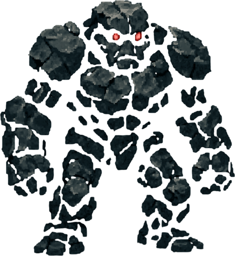 Kocaman kayadan oluşan golem kırmızı parıldayan gözlere sahip dark souls style 2d pixel art.
In-Game asset.  2d.  High contrast.  No shadows