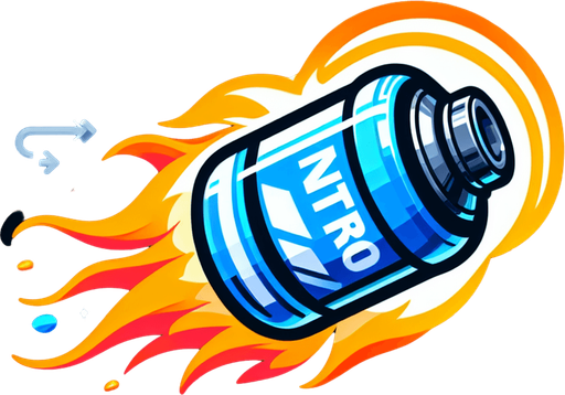 I need a 2D Nitro Boost asset for my street racing game on the UPIT FRVR platform. Please provide:

A Nitro item/power-up icon (e.g., a glowing canister, fuel bottle, or energy orb)

An optional nitro flame trail effect (to show speed burst behind the car when nitro is activated)

Asset Requirements:

Bright, high-energy colors (like blue, orange, or electric white)

Should look exciting and clearly indicate a speed power-up

Sized appropriately to place on the road for pickup or to attach behind the car when used

Style should match a fun and fast-paced 2D racing game.
Single Game Texture.  In-Game asset.  2d.  Blank background.  High contrast.  No shadows