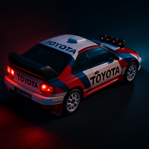 Photorealistic TOTOYA Rallycar in nightlight, drone topview from back and 45 degrees angle in top right corner