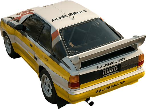 Photorealistic audi b2 quattro RALLYCAR, drone topview from back. Angle should be 45 degrees in the top right corner of the screen