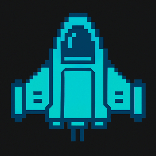 Cyan renginde 2D retro tarzı bir uzay gemisi.
In-Game asset.  2d.  High contrast.  No shadows