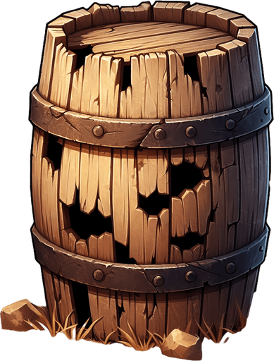 western destroyed barrel.
Single Game Texture. In-Game asset. 2d. Blank background. High contrast. No shadows.