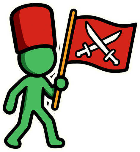 Green stickman with a British soldier's hat and with a red flag with 2 swords.
In-Game asset.  2d.  High contrast.  No shadows