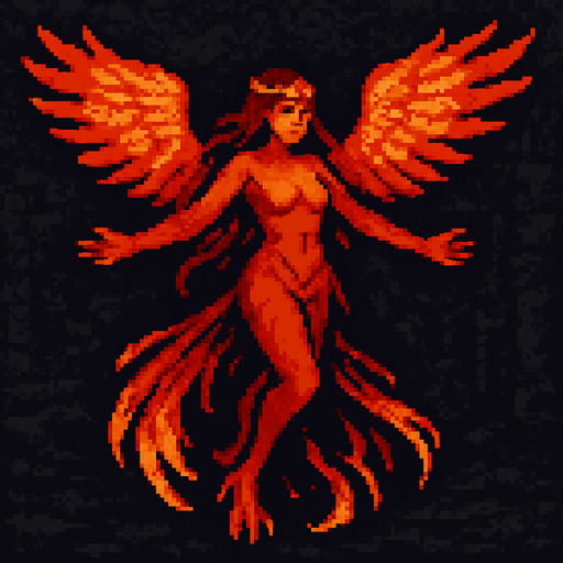 Phoenix woman Dark souls style 2d pixel art.
In-Game asset.  2d.  High contrast.  No shadows