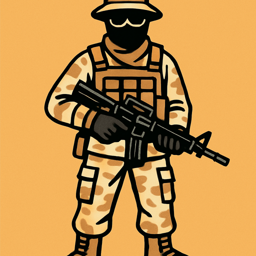 silahlı çöl kıyafeti giyen bir asker.
In-Game asset.  2d.  High contrast.  No shadows