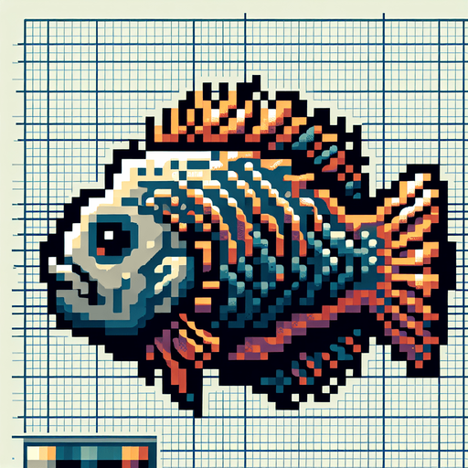 8-bit profile of fish for arcade game.
Single Game Texture. In-Game asset. 2d. Blank background. High contrast. No shadows.