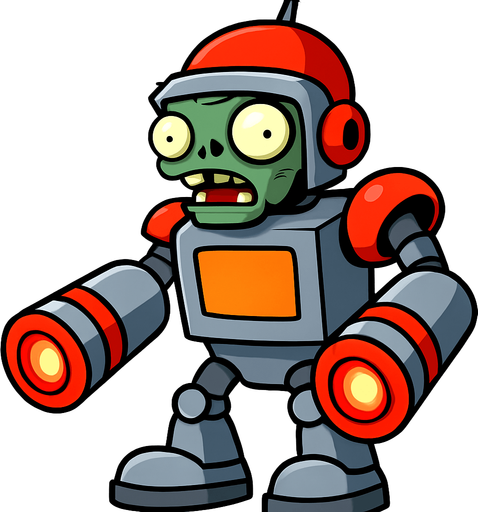 a plant vs zombies zombie whit a robot costume and a laser gun arms.
In-Game asset.  2d.  High contrast.  No shadows