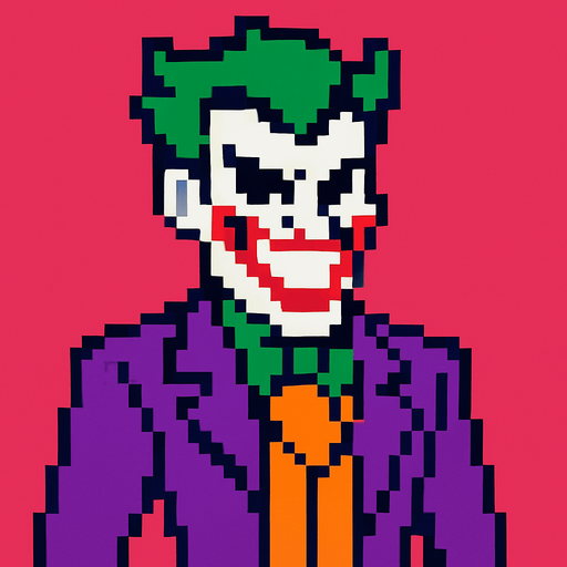 pixel art joker.
In-Game asset.  2d.  High contrast.  No shadows