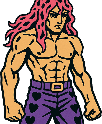 Un hombre con pelo largo color rosado con manchas negras y sin camisa con pantalón morado jojo's.
In-Game asset.  2d.  High contrast.  No shadows