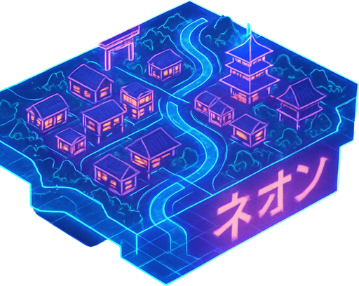 Top down isometric anime region neon map grid hologram