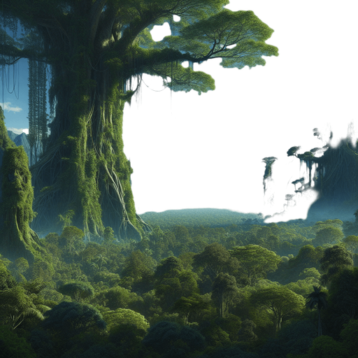 A lush jungle scenery with huge old trees covered in vines and overwrowth, blue sky and forested mountains in the background..
Single Game Texture. In-Game asset. 2d. Blank background. High contrast. No shadows.