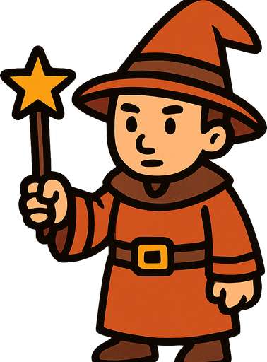 Mago con sombrero naranja y marrón sin barba con varita con estrella, de cuerpo entero.
In-Game asset.  2d.  High contrast.  No shadows