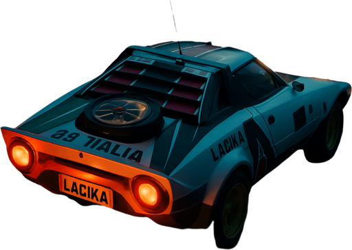 Photorealistic Lancia Stratos Rallycar in nightlight, drone topview from back and 45 degrees angle in top right corner. Replace Lancia to Lacika and Alitalia to All Italia