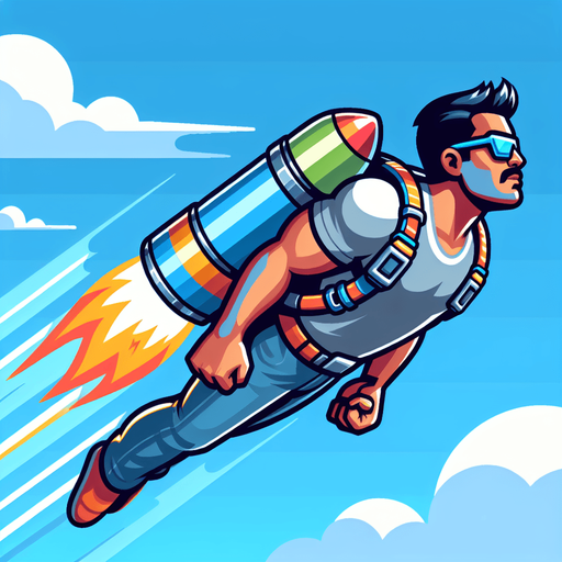 Person flying with jetpack with color.
Single Game Texture.  In-Game asset.  2d.  Blank background.  High contrast.  No shadows