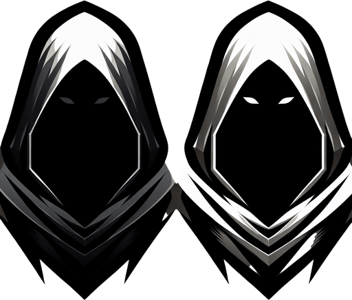 A stylized cloak hood casting a deep shadow, with only faint eyes or nothing visible within. Could also be a figure splitting into a solid version and a shadowy decoy..
Single Game Texture.  In-Game asset.  2d.  Blank background.  High contrast.  No shadows