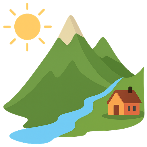 In the middle part, there are mountains, in the upper left corner, the sun, a river flowing from the mountain, and a house beside the river. No background. Transparent background. Blank background. No shadows. 2d. In-Game asset. flat