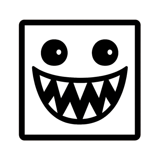 square white cube with 2 eyes and spike smily teeths inside

In-Game asset.  2d.  High contrast.  No shadows