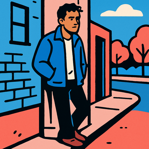 a man waiting outside.
In-Game asset.  2d.  High contrast.  No shadows