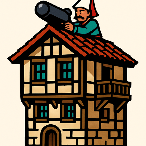 tripleks bir osmanlı evi çiz. Çatısında top mermisi ateşlemek üzere olan bir yeniçeri askeri olsun.
In-Game asset.  2d.  High contrast.  No shadows