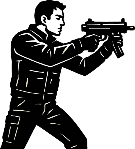 un motociclista vestido de negro apuntando con una smg de cuerpo completo con perspectiva lateral 
In-Game asset.  2d.  High contrast.  No shadows sin casco y sin moto